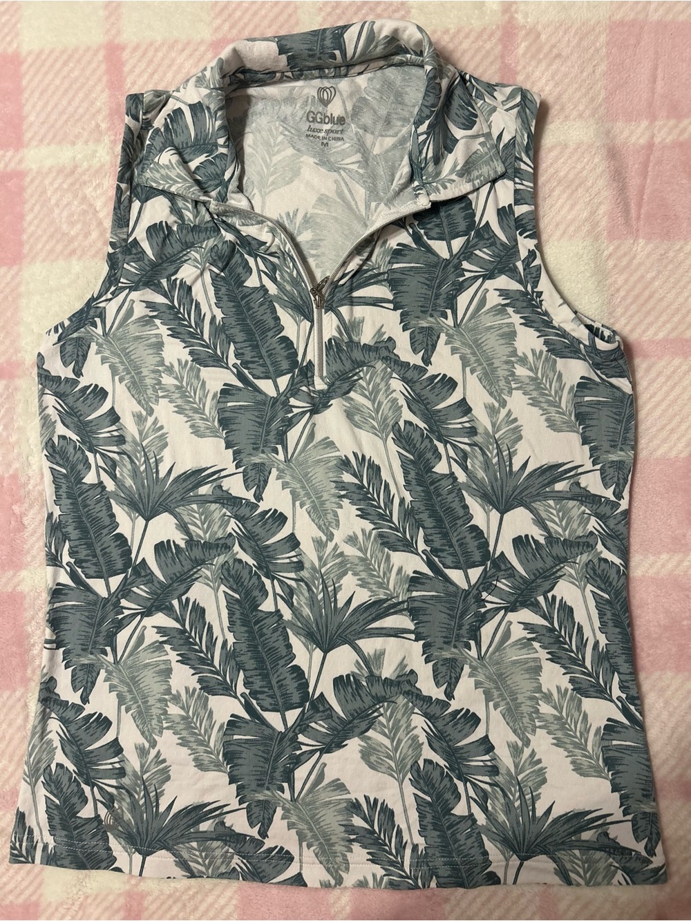 GGblue Short-Sleeve Half-Zip Tropical Palm Print Tee - Teal/White